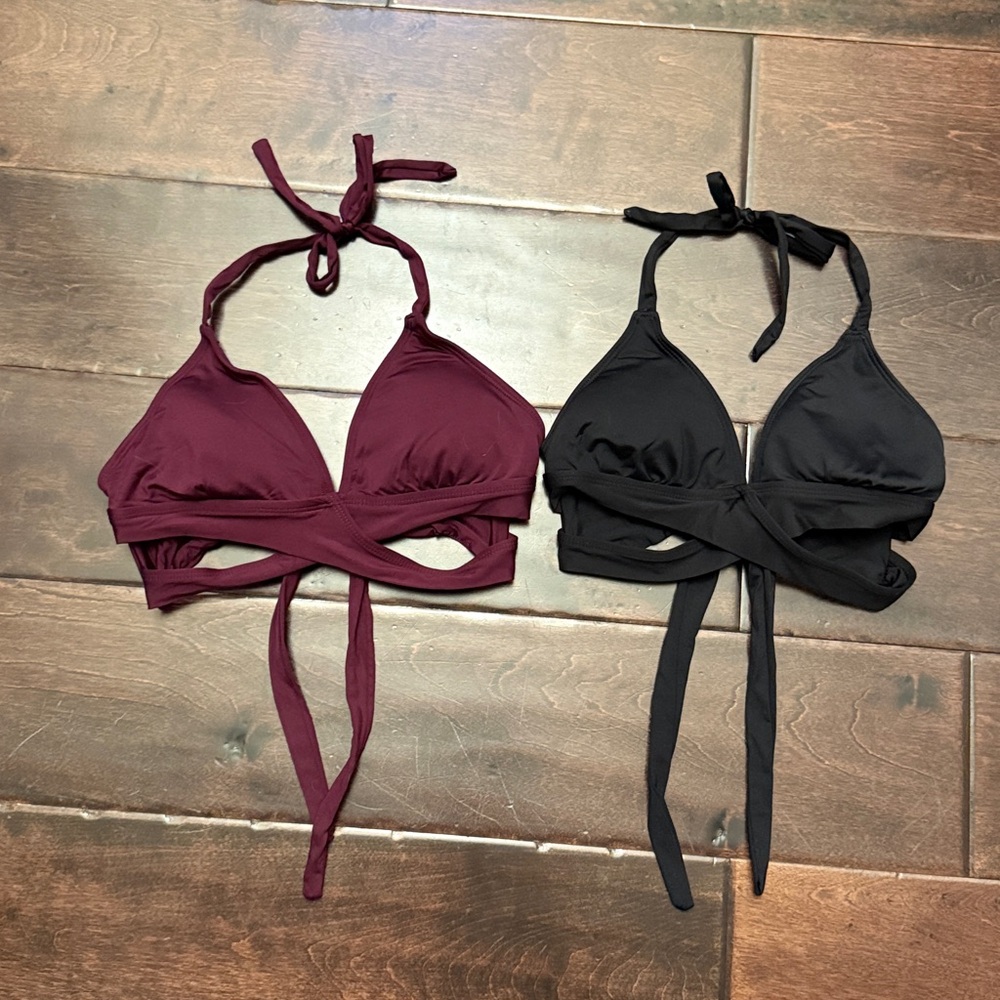 Lot of 2 Womens Kona Sol Bikini Bathing Suit Tops Purple and Black Small
